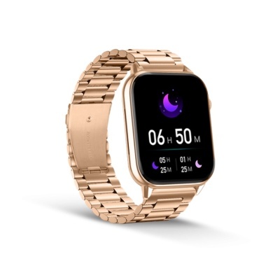 Relógio inteligente dourado com ecrã digital a mostrar dados de sono.