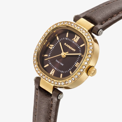 Relógio dourado com cristais e pulseira castanha de couro
