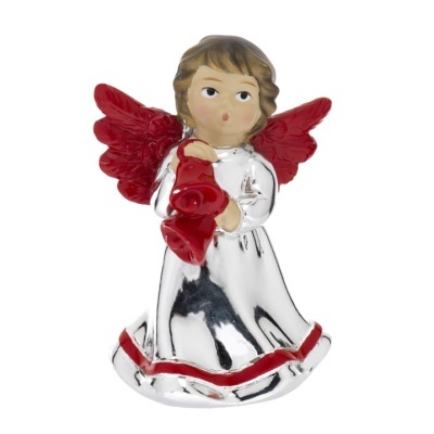Figura decorativa de anjo prateado com asas e trombeta vermelhas