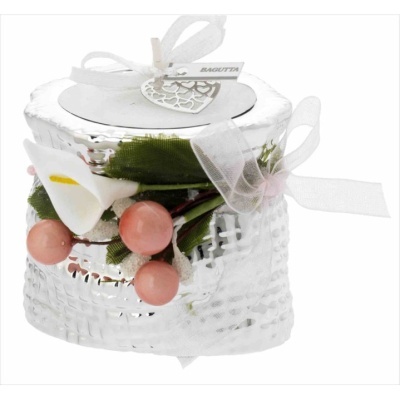 Pote decorativo em vidro com tampa metálica e decoração de flores e frutos artificiais