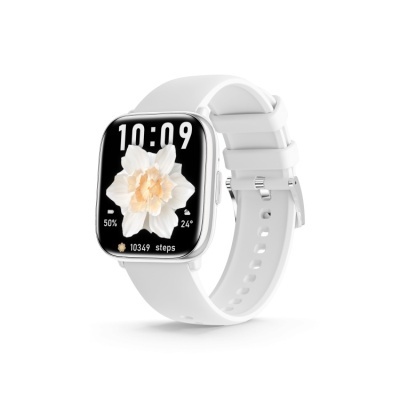 Smartwatch branco com mostrador digital e bracelete de silicone
