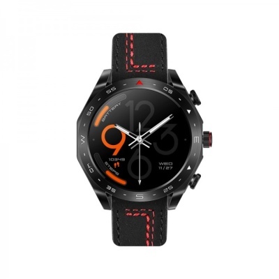 Relógio inteligente com bracelete preta e costura vermelha.