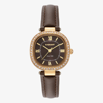 Relógio dourado com pedraria e bracelete castanha em pele
