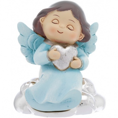 Figura decorativa de anjo azul segurando coração prateado