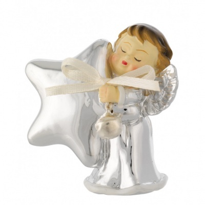 Figura decorativa de anjo prateado com balão estrela