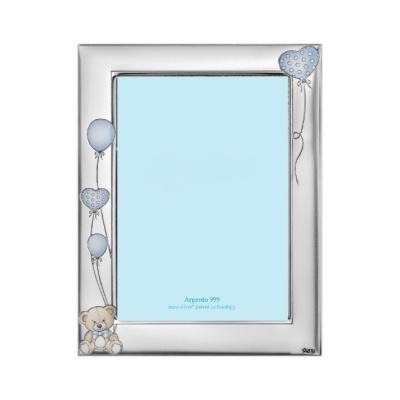 Moldura prateada com balões azuis e ursinho em baixo à esquerda