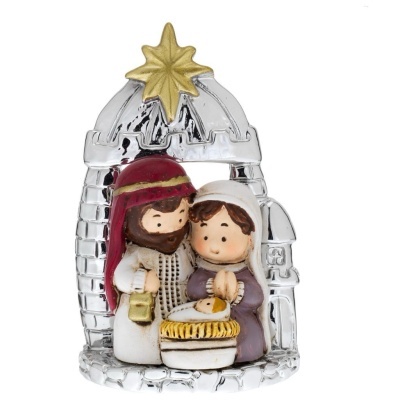 Figura decorativa de presépio com Maria, José e Menino Jesus em cenário prateado