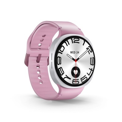 Relógio inteligente com pulseira rosa e mostrador prateado com números pretos