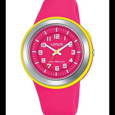 Relógio Lorus rosa com aro amarelo e detalhes prateados