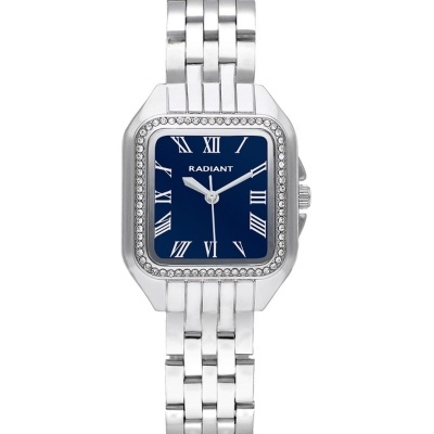 Relógio de pulso prateado com mostrador azul e números romanos