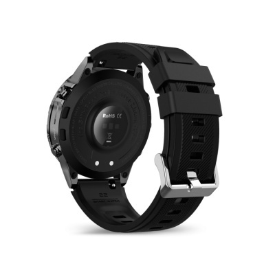 Relógio inteligente com bracelete preta e parte traseira visível