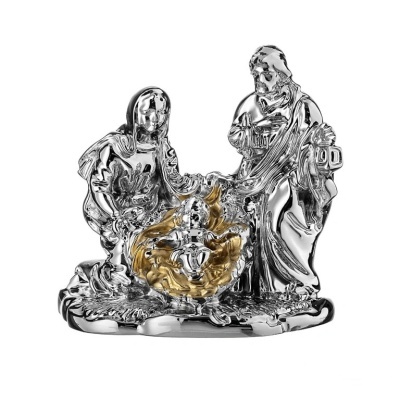 Estátua de presépio em metal prateado com o menino Jesus em dourado