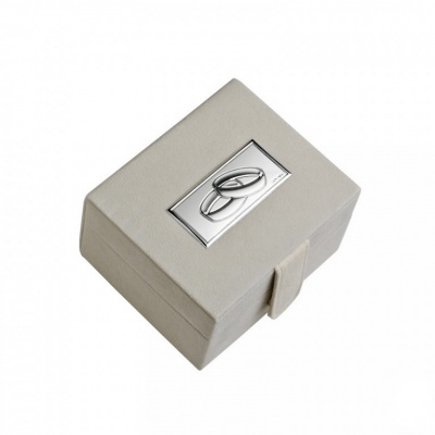 Caixa cinza para jóias com placa metálica prateada na tampa
