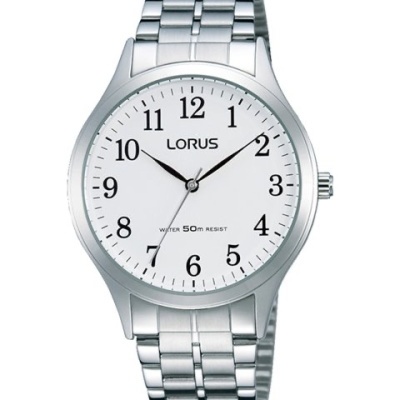 Relógio LORUS prateado com mostrador branco e números pretos