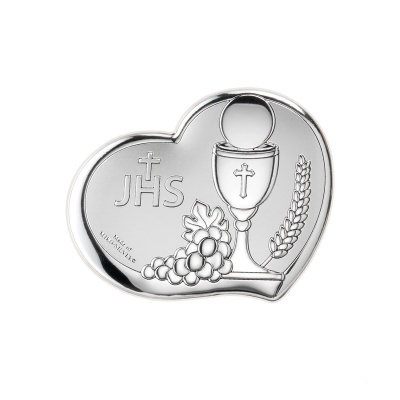 Placa decorativa prateada em forma de coração com símbolos de comunhão cristã