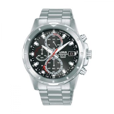 Relógio de pulso Lorus Chronograph Solar com bracelete em aço prateado e mostrador preto