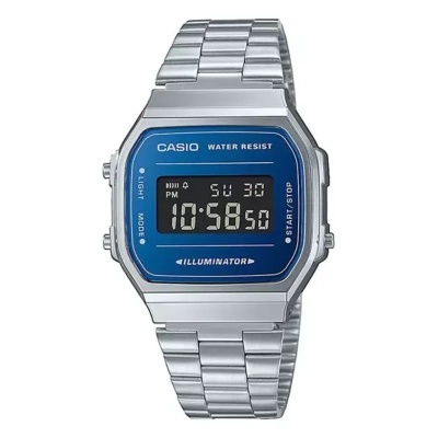 Relógio digital Casio prateado com mostrador azul e bracelete metálica