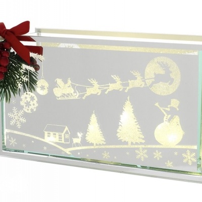 Caixa decorativa de vidro com tema natalício e decoração com pinha e laço vermelho