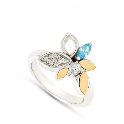 Anel floral com pedras azuis, transparentes e folhas douradas