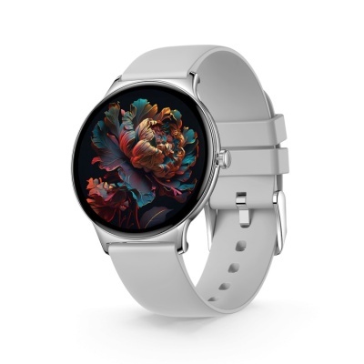 Relógio inteligente com bracelete branca e mostrador redondo com flor colorida