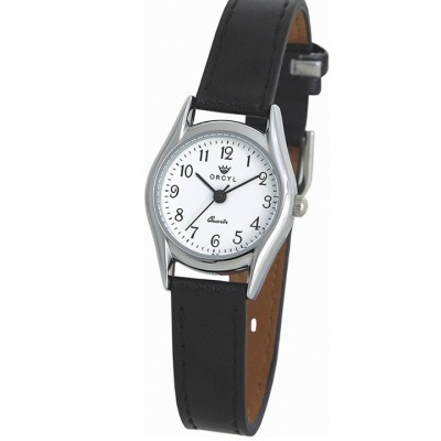 Relógio de pulso com bracelete preta em couro e mostrador branco com números pretos