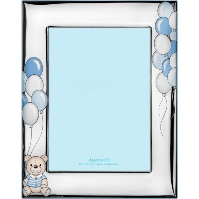 Moldura retangular prateada com urso de peluche e balões azuis e brancos