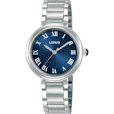 Relógio Lorus prateado com mostrador azul e numerais romanos