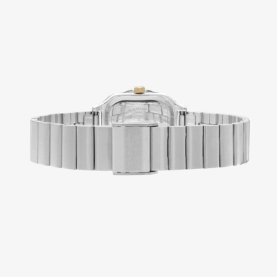 Relógio de pulso prateado com fecho e botão dourado