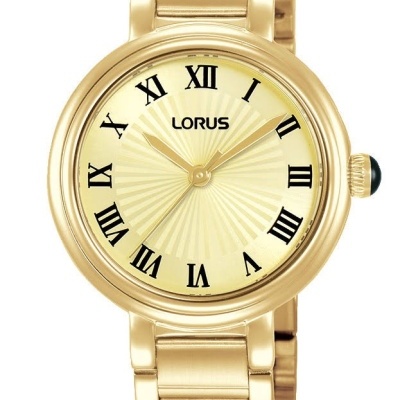 Relógio de pulso Lorus dourado com bracelete metálica e algarismos romanos no mostrador
