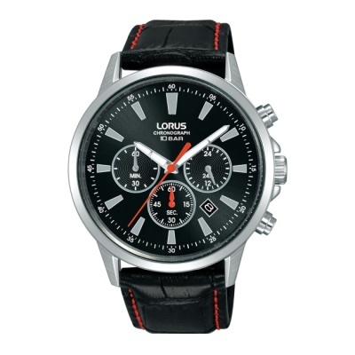 Relógio de pulso LORUS preto com bracelete de pele preta e caixa prateada
