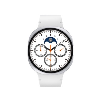 Relógio branco digital com mostrador analógico e fases da lua.