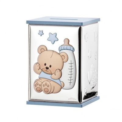 Pote metálico com urso bebé, mamadeira e estrelas azuis