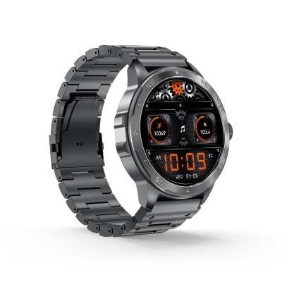 Relógio inteligente preto em metal com bracelete metálica e mostrador digital.