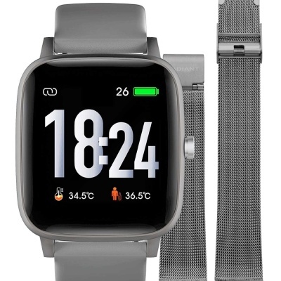 Relógio inteligente cinza com ecrã digital e duas braceletes, uma de couro cinza e outra metálica prateada de malha