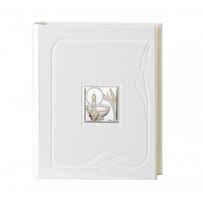 Livro branco com relevo e detalhe dourado central com vela, taça e espigas