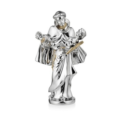 Estatueta prateada de figura religiosa com detalhes dourados