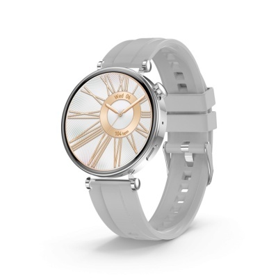 Relógio inteligente com bracelete branca e mostrador redondo com numeração romana dourada