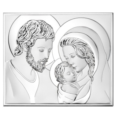 Imagem prateada de quadro religioso com homem, mulher e bebé com auréolas