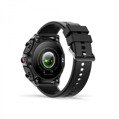 Relógio inteligente preto vista traseira com sensor óptico e pulseira de silicone