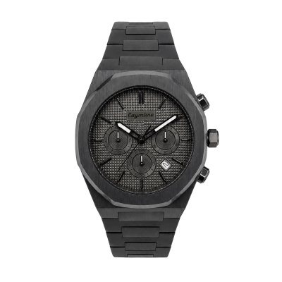 Relógio de pulso preto com mostrador cinza texturizado e bracelete de metal.
