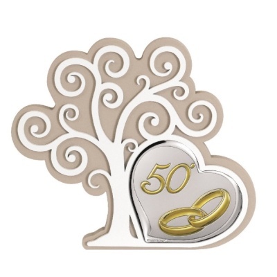 Figura decorativa árvore branca com coração prateado 50º e anéis dourados