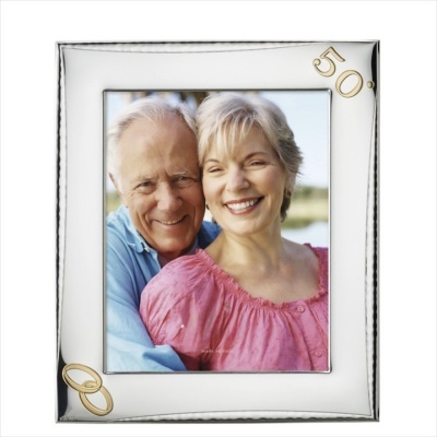Moldura de fotos prateada com anéis dourados e número 50