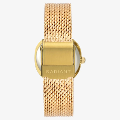 Relógio com bracelete de malha metálica dourada e fecho dourado com texto RADIANT em fundo branco