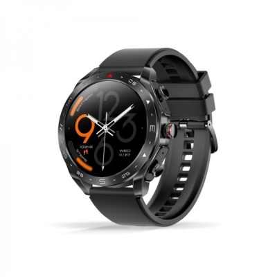 Relógio digital desportivo preto com mostrador redondo e bracelete em silicone.