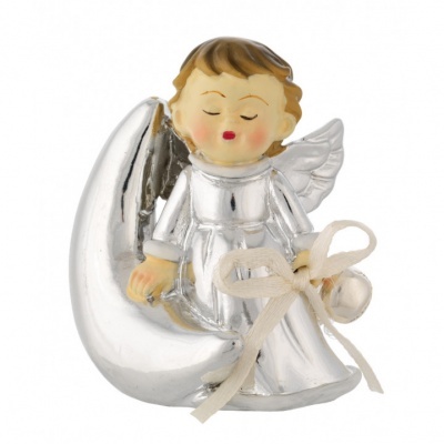 Figura decorativa de anjo com vestido e lua prateada segurando sinos