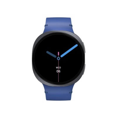 Relógio inteligente com bracelete azul e mostrador circular preto