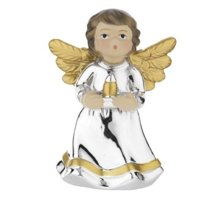 Anjo decorativo prateado com asas douradas e vela