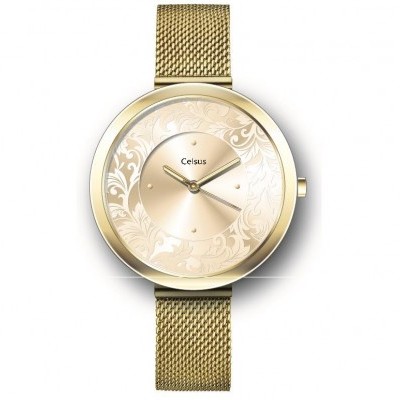 Relógio de pulso dourado Celsus com padrão floral e bracelete de malha