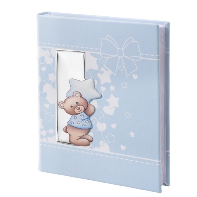 Álbum de fotografias azul com ursinho segurando estrela na capa