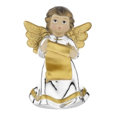 Figura decorativa de anjo com manto prateado e detalhes dourados